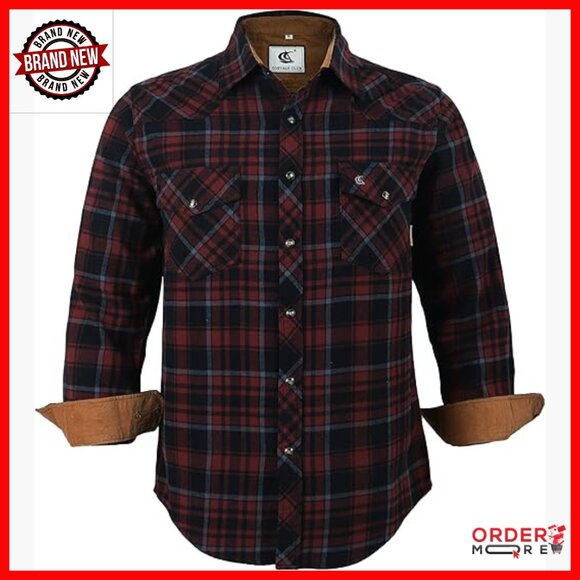 Men's Long Sleeve Flannel Snap Button Western Plaid Work Shirt